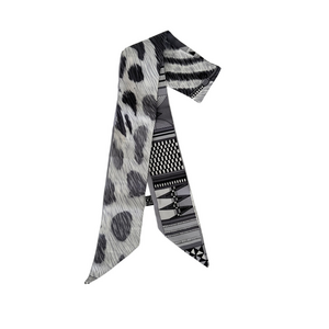 Silk Twilly Scarf – Black, White, Gray – Animal + Geometric Print